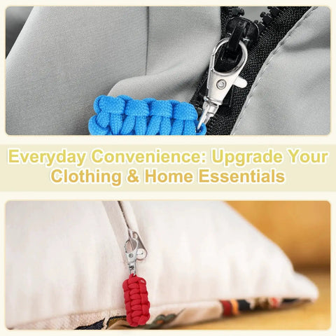 Blue and red paracord zipper pulls on pillows, shown for illustration of how the 80 mm replacement metal clasps work and look.
