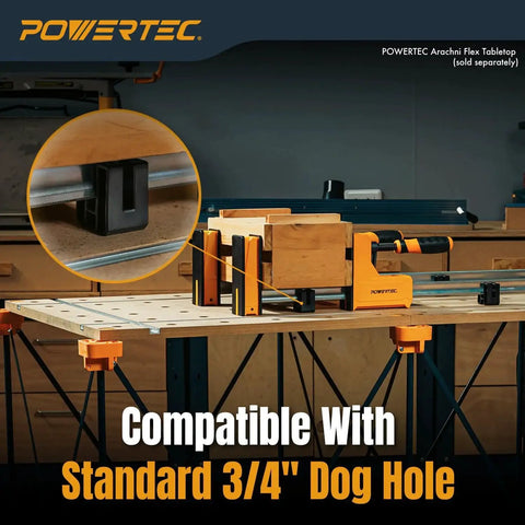 Image of 4 Pack Parallel Clamp Positioning Blocks for stable clamping on workbench with 3/4 inch dog holes, clamps fitted.