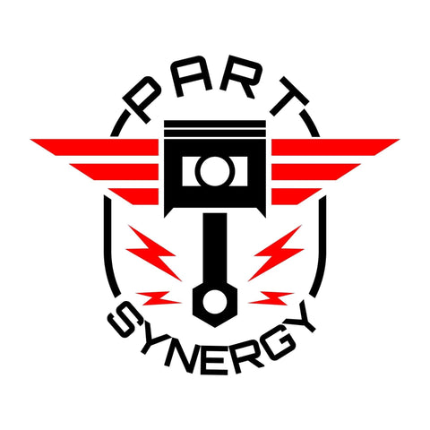 Red and black Part Synergy logo with piston and red wings on a white background