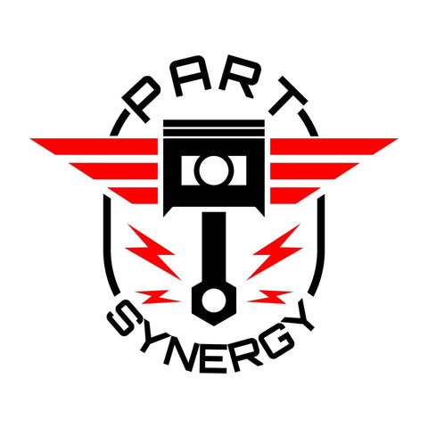 Part Synergy logo with red wings and piston illustration, emphasizing automotive parts and performance engineering.