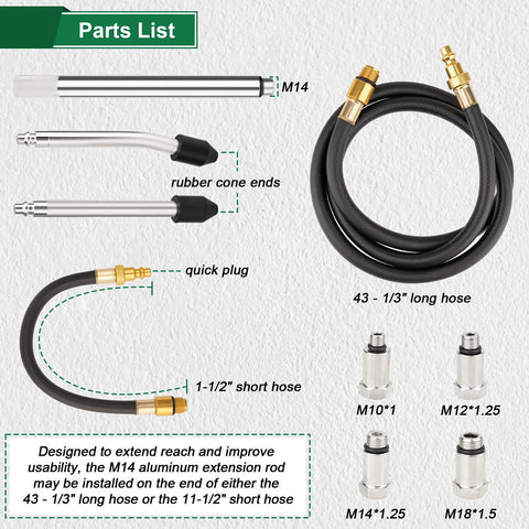 Marvelity cylinder leak-down tester kit with 43 1/3 in hose, M14 extension rod, rubber cone ends, quick plug, adapters