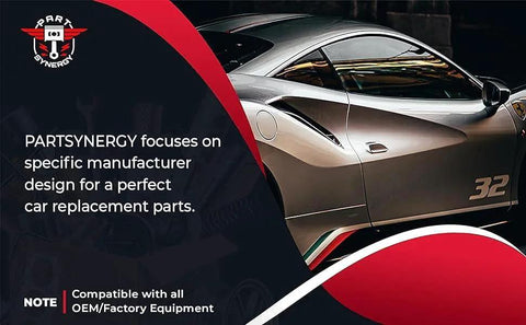 Sports car with PARTSYNERGY ad highlighting car replacement parts compatibility