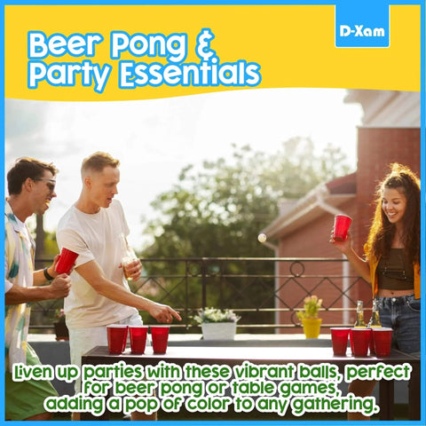 Friends playing beer pong outdoors with multi color ping pong balls, enjoying party with drinks and games, highlighting social gathering.