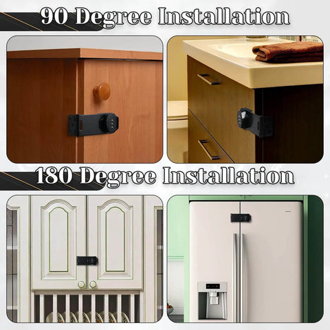 Three Pack 4 Inch Password Rotary Hasp Locks For Doors Cabinets Barn Doors And Outdoor Use Mechanical Combination Slide Latch Lock Sturdy Zinc Alloy Construction With Screw Or Glue Mount installed on various surfaces at 90 and 180 degrees