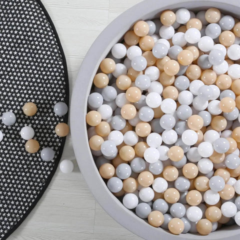Ball Pit Balls for Toddlers Kids Plastic Balls for Ball-Pit Playpen Pool Baby Play Pastel BPA-Free Non Toxic Play Pastel Crush Proof Bal Beige Light Gray White 100pcs in a playpen.