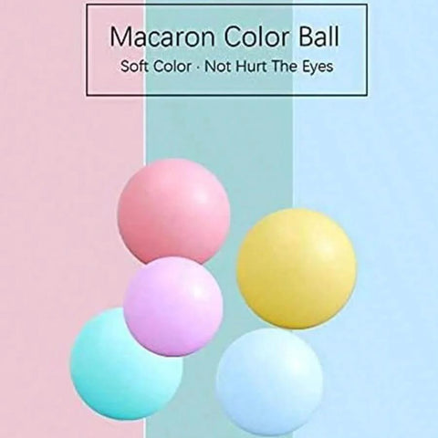 Colorful macaron-themed ball pit balls arranged on pastel background, labeled 'Macaron Color Ball' with soft colors for gentle play.