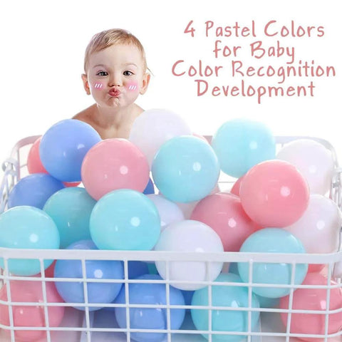 Toddler playing with Soft Pit Balls in pastel colors; Chemical-Free Crush Proof Plastic Ocean Ball, BPA Free, Safe for Ball Pit/Kiddie Pool