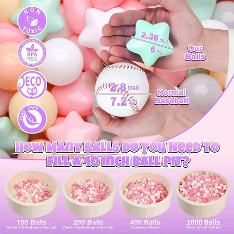 Comparison of pastel star and heart-shaped plastic ball pit balls for toddlers with a baseball and their size in a hand, non-toxic