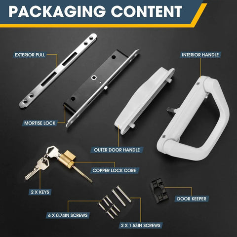 Patio Sliding Door Handle Set With Mortise Lock For 1-1/2 To 2 Inch Thick Doors, 4-15/16 Inch Screw Hole Spacing, Includes Components