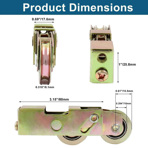 Product dimensions of 4 Pack Sliding Patio Door Tandem Roller Assembly Replacement For Sliding Glass Doors And Screen Doors.