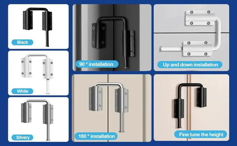 2 Pack 2.36 Inch Patio Sliding Door Loop Lock for 90 to 180 Degree Glass Doors, various installations, black and white.