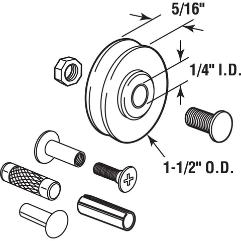 Diagram of One And One Half Inch Patio Roller Kit Two Pack With Steel Ball Bearing Wheels Includes Two Rollers Two Axle Pins Two Roll Pins And Versatile Mounting Hardware For Rivet Roll Pin Drive Pin Binder Post Or Screw Or Bolt Installations