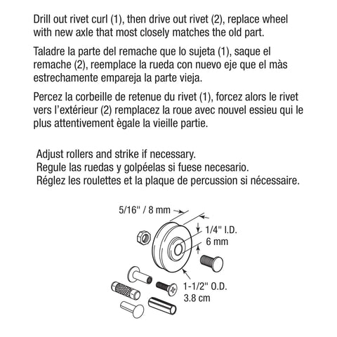 Diagram showing components of One And One Half Inch Patio Roller Kit Two Pack With Steel Ball Bearing Wheels and installation instructions.