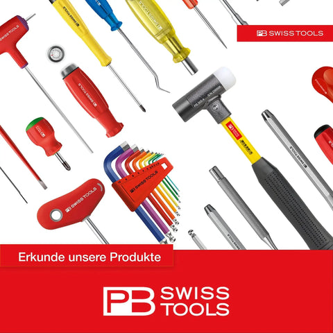 PB Swiss Tools Rainbow Key L Wrench Set 2212 LH 10 RB 9 Piece Hex Key Set displayed among various colorful tools.