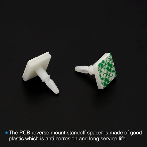 Sticky PCB Spacer Kit With 24 Adhesive Standoffs 0.37 Inch Height Insulated White Mounts For PCB Board Support shown flat on black background