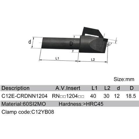 Diagram showing a Round PCD CBN PCBN Insert for 12mm tool holder with dimensions and material specifications for lathe use.