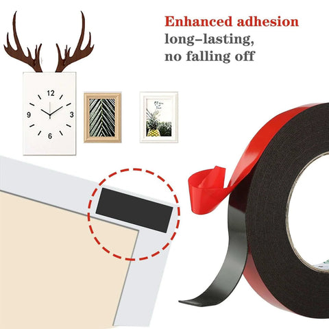 PE Foam Double Sided Tape Waterproof Mounting Adhesive Roll For Doors Windows HVAC Plumbing Pipes Construction Black 2 Inch By 33 Feet Ideal For Industrial And Commercial Use Creates An Airtight Seal And Seals Gaps Around Doors And Windows shown in a roll with enhanced adhesion text