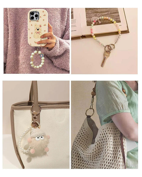 Cute beaded phone charm, key ring on book, fuzzy bag charm, and handbag with beaded charm showcasing various accessory uses.