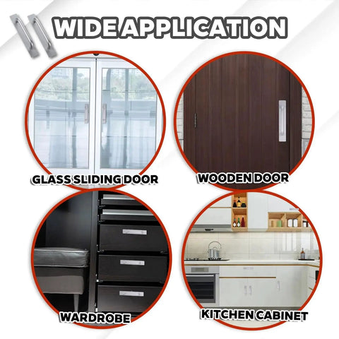 Adhesive Cabinet Handles Peel And Stick No Drill Silver Five Point Five Inch Drawer Pulls installed on various doors and cabinets
