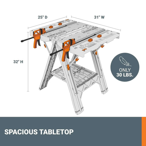 Diagram of Pegasus 2 In 1 Folding Work Table And Sawhorse Portable Workbench With Clamps WX051, showing 31x25 inch surface and 32 inch height