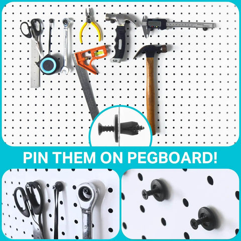 Versatile Pegboard Hook Set For 1/4 Inch Pegboards, 40 Piece Kit With Inserts And Screw Fits, Grab And Go Setup displayed on pegboard.