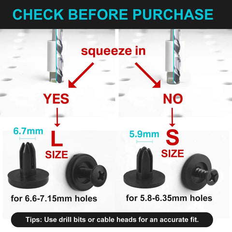 Diagram of inserts for Versatile Pegboard Hook Set For 1/4 Inch Pegboards, showing correct and incorrect hole sizes with labeled parts.