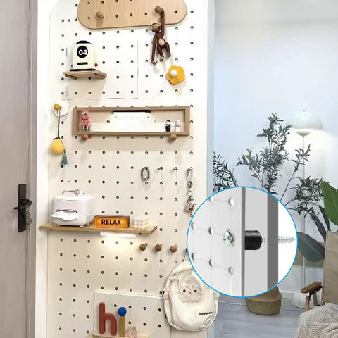 All-In-One Pegboard Mounting Kit With 72 Piece Set Including 24 Screws 24 Washers And 24 Spacers For Quick Wall Mounts Pegboard Installation Accessories Compatible With One Eighth Inch And One Quarter Inch Pegboard installed on wall with shelves and decor.