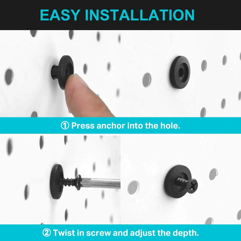 Image showing installation of Versatile Pegboard Hook Set For 1/4 Inch Pegboards, 40 Piece Kit with inserts and screws.