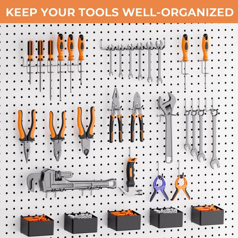 Pegboard with organized tools including screwdrivers, pliers, wrenches, and toolboxes, promoting efficient tool storage.