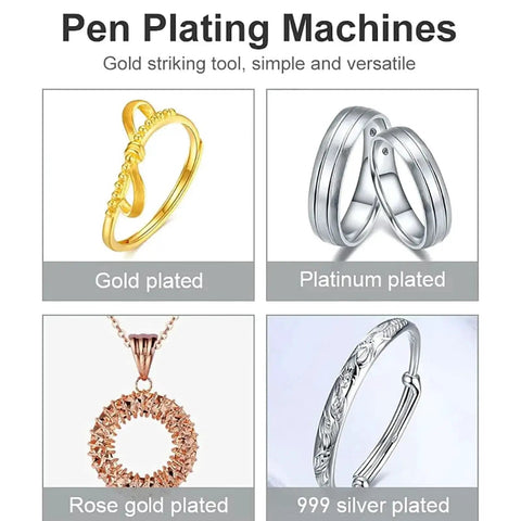 Pen Type Jewelry Plating Machine Kit With Electroplating Pen for gold, silver, rose gold, and nickel plating solutions showing plated jewelry