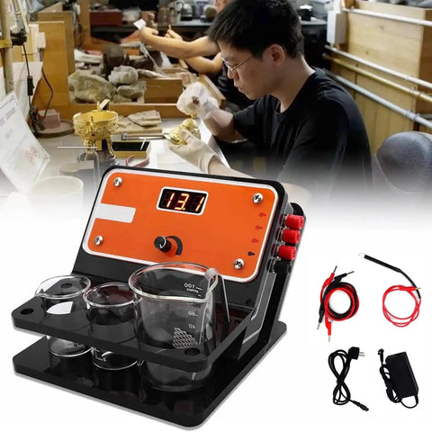 Pen Type Plating Machine Gold Plating Kit for Jewelry and Repairs with cables and glass containers in workshop setting