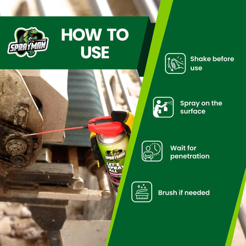 Rust Busting Corrosion Inhibitor Penetrating Oil Spray for stuck bolts and nuts used on machinery, 360 degree swivel nozzle