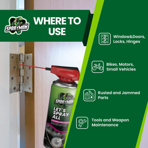 Rust Busting Corrosion Inhibitor Penetrating Oil Spray For Stuck Bolts And Nuts used on door hinge with 360 degree swivel nozzle