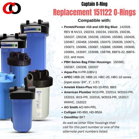 Replacement 151122 O Rings For Pentair Pentek Big Blue Water Filter Housings Buna N Seals 3 Pack displayed with compatible housings
