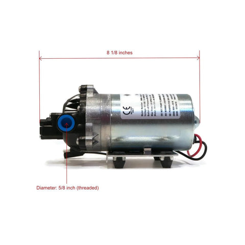 Side view of PENTAIR SHURFLO 8000-543-936 12V DC Standard Pump, 1.8 GPM, 60 PSI, 3/8 in NPT ports, compact design with wire harness.