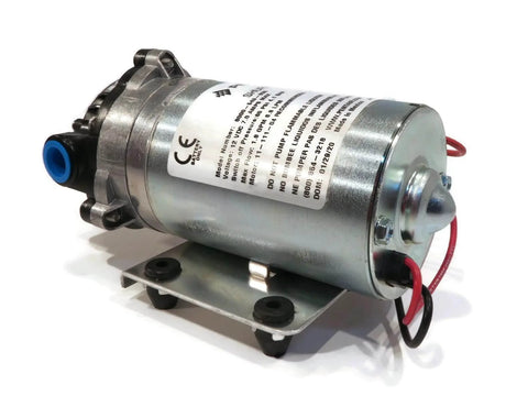 PENTAIR SHURFLO 8000-543-936 12V DC Standard Pump with Wire Harness, 1.8 GPM, 60 PSI, side view showing wires and metal body.
