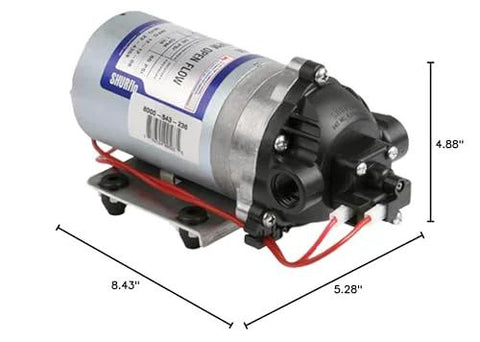 Pentair SHURflo 8000-543-236 Automatic-Demand Diaphragm Pump, 1.8 GPM With Viton Valves, Santoprene Diaphragm, size dimensions labeled.