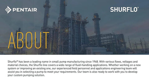 Pentair Shurflo about page featuring industrial facility and Shurflo's history in small pump manufacturing since 1968
