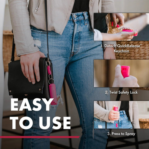 Compact police-strength pepper spray with quick release keychain attached to a woman's purse, focusing on keychain use steps.