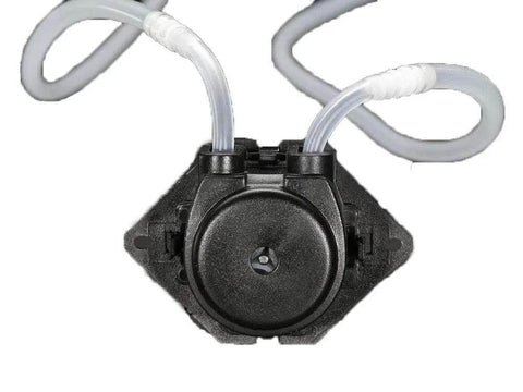 Front view of Peristaltic Liquid Pump 12V DC Hose Pump Dosing Head with Silicone Tubing, showing tubing connections and compact design.