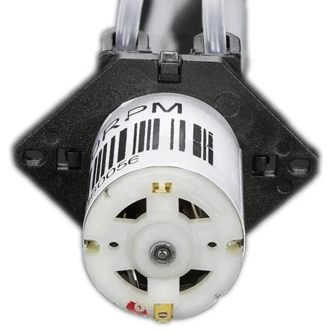 Close-up front view of Peristaltic Liquid Pump 12V DC Hose Pump Dosing Head with Silicone Tubing, showing motor and tubing connections.