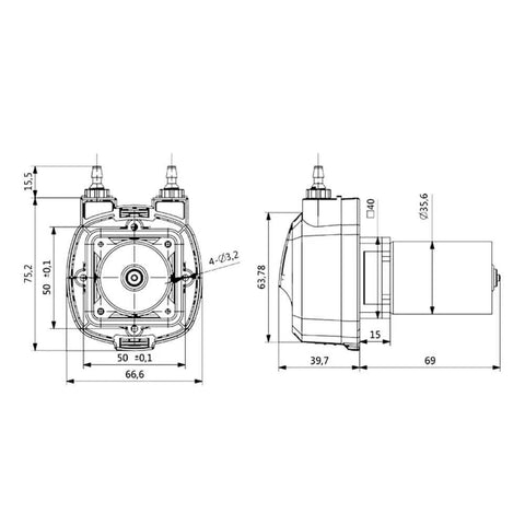Technical drawing of Peristaltic Pump 12V dc Kamoer high Flow 500ml/min KHM 3 rotors Liquid dosing Pump Norprene tubing 4mm ID × 7.2mm OD