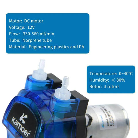 Close-up of blue Kamoer Peristaltic Pump 12V dc high Flow 500ml/min with Norprene tubing, showing technical specifications.