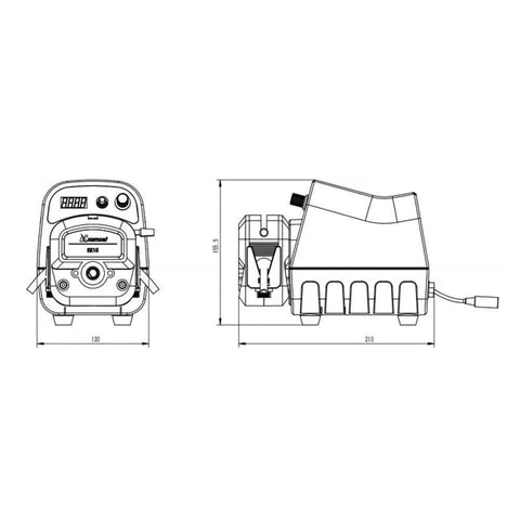 Technical diagram of peristaltic Pump 24V 1500ml/min high Flow Intelligent Variable Speed 0.1-400rpm Liquid dosing Pump with dimensions.