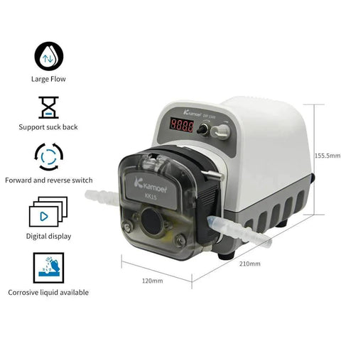 Side view of peristaltic Pump 24V 1500ml/min high Flow Intelligent Variable Speed 0.1-400rpm Liquid dosing Pump with LED Screen RS485
