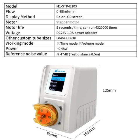 Front view of intelligent peristaltic pump 24V stepper motor adjustable programmable low flow liquid dosing pump with control 0-88ml/min