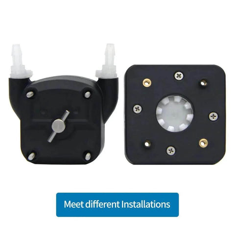 Back and front view of 400ml/min high flow peristaltic pump 12V dc brushed motor lab liquid dosing pump with BPT tube and fittings