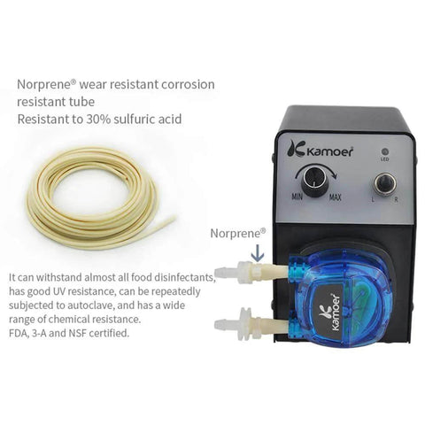 40-210ml/min high flow peristaltic pump 12V DC with Norprene tube 3.2mm ID× 6.4mm OD in black casing, front view