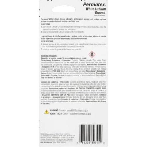 Back view of Permatex 80345 White Lithium Grease, 1.5 oz packaging showing instructions and warnings.