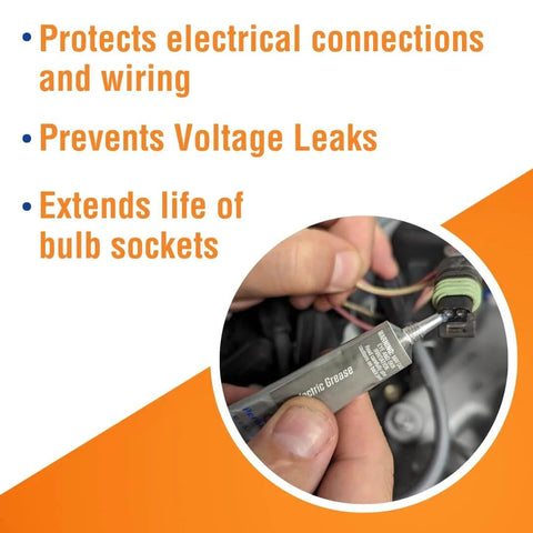 Permatex 81150 Dielectric Tune-Up Grease, 0.33 oz. Tube, Silver, applied to automotive wiring connector for electrical protection.